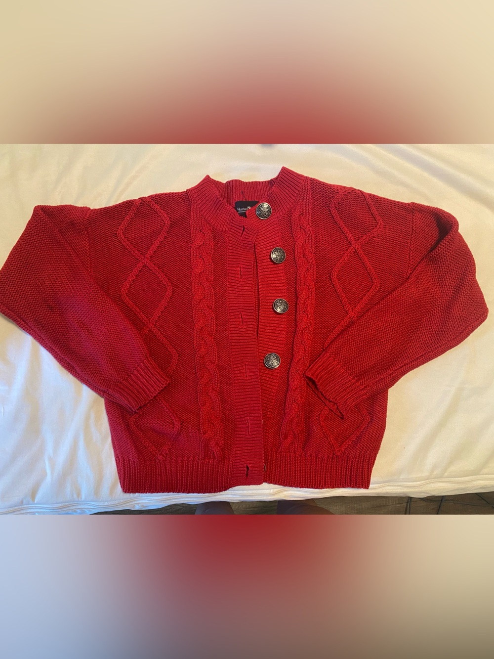 Vintage Hunters Run Red Cable-Knit Button Cardigan